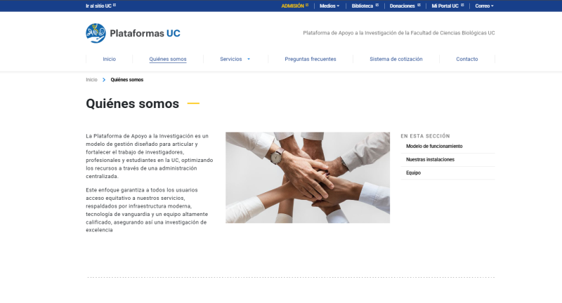 Pantalla 1 de Plataforma de Apoyo a la Investigación de la Facultad de Ciencias Biológicas UC