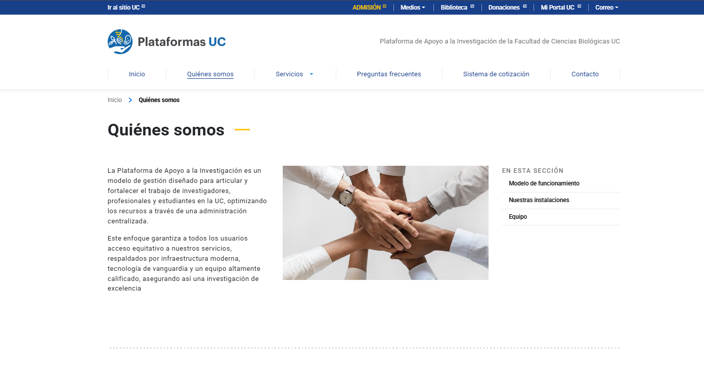 Pantalla principal de Plataforma de Apoyo a la Investigación de la Facultad de Ciencias Biológicas UC