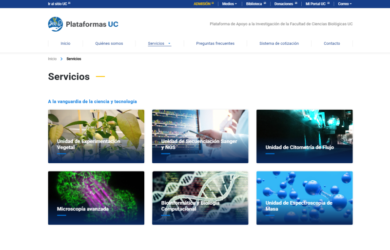 Pantalla 3 de Plataforma de Apoyo a la Investigación de la Facultad de Ciencias Biológicas UC