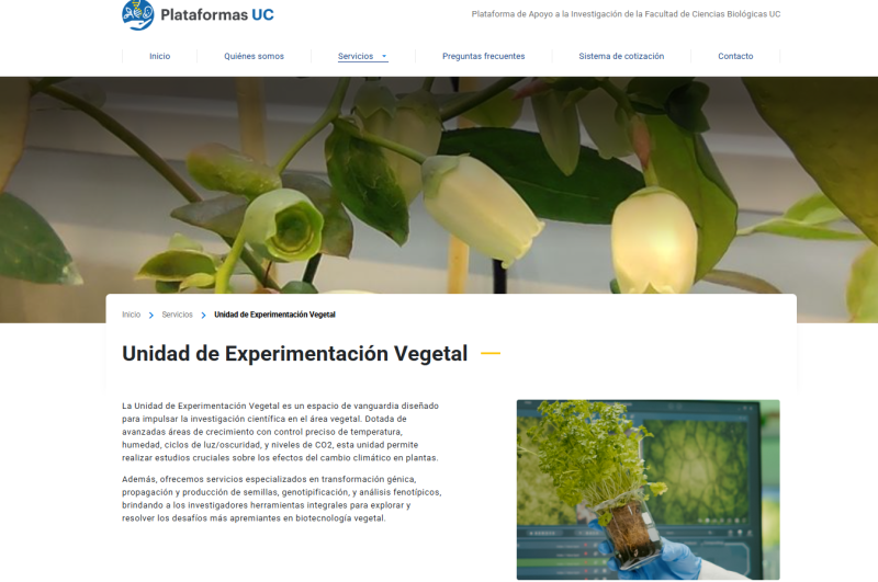 Pantalla 4 de Plataforma de Apoyo a la Investigación de la Facultad de Ciencias Biológicas UC