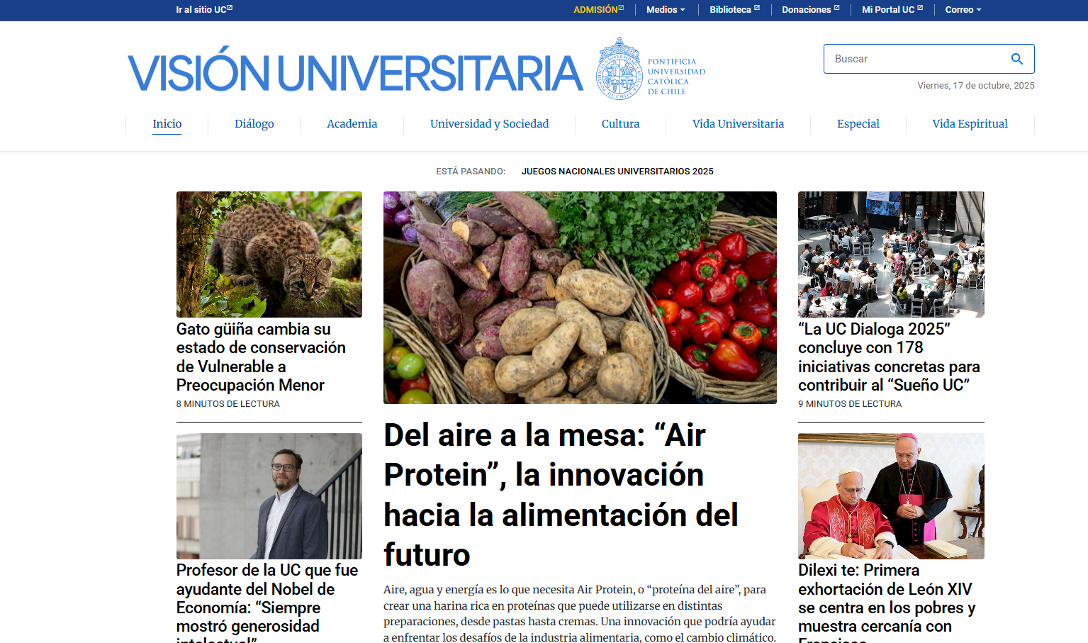 Pantalla principal de Visión Universitaria