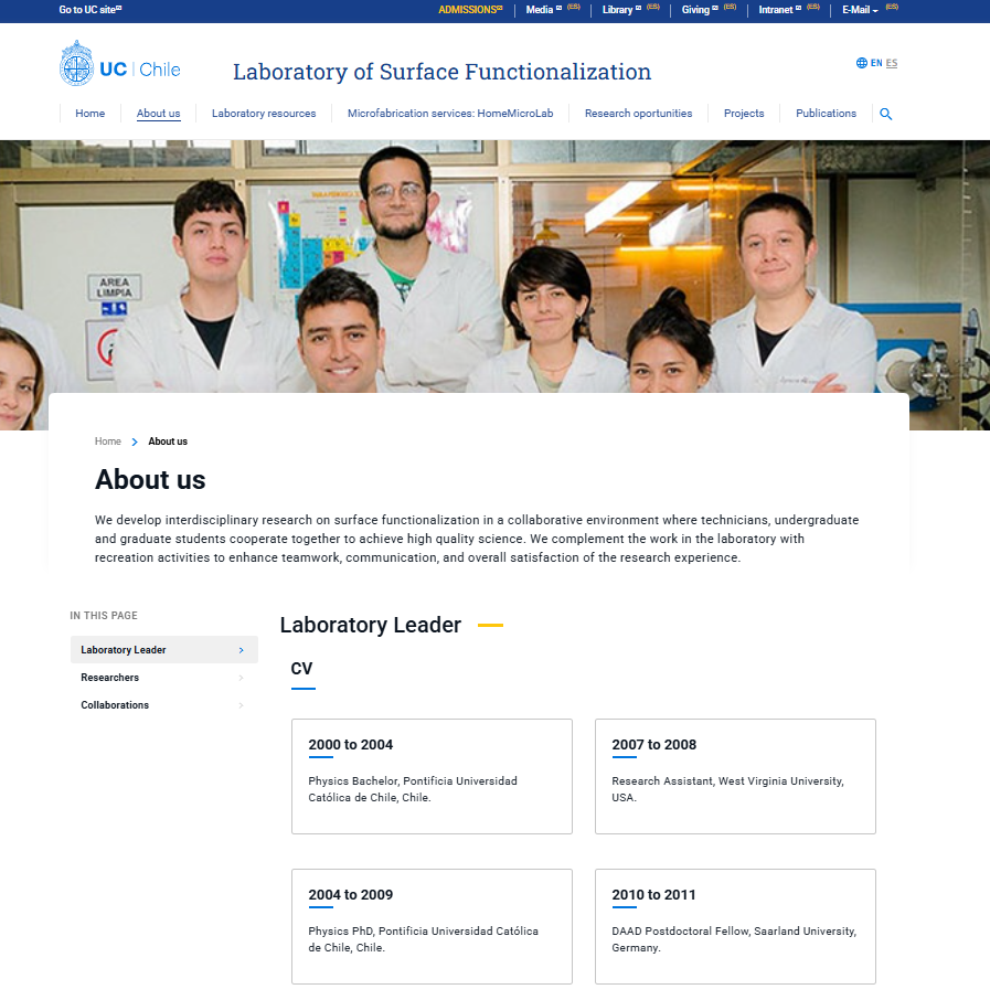Pantalla principal de Laboratory of Surface Functionalization