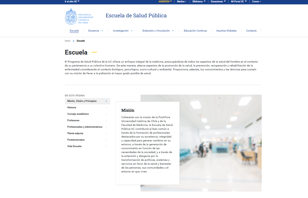Pantalla principal de Escuela de Salud Pública