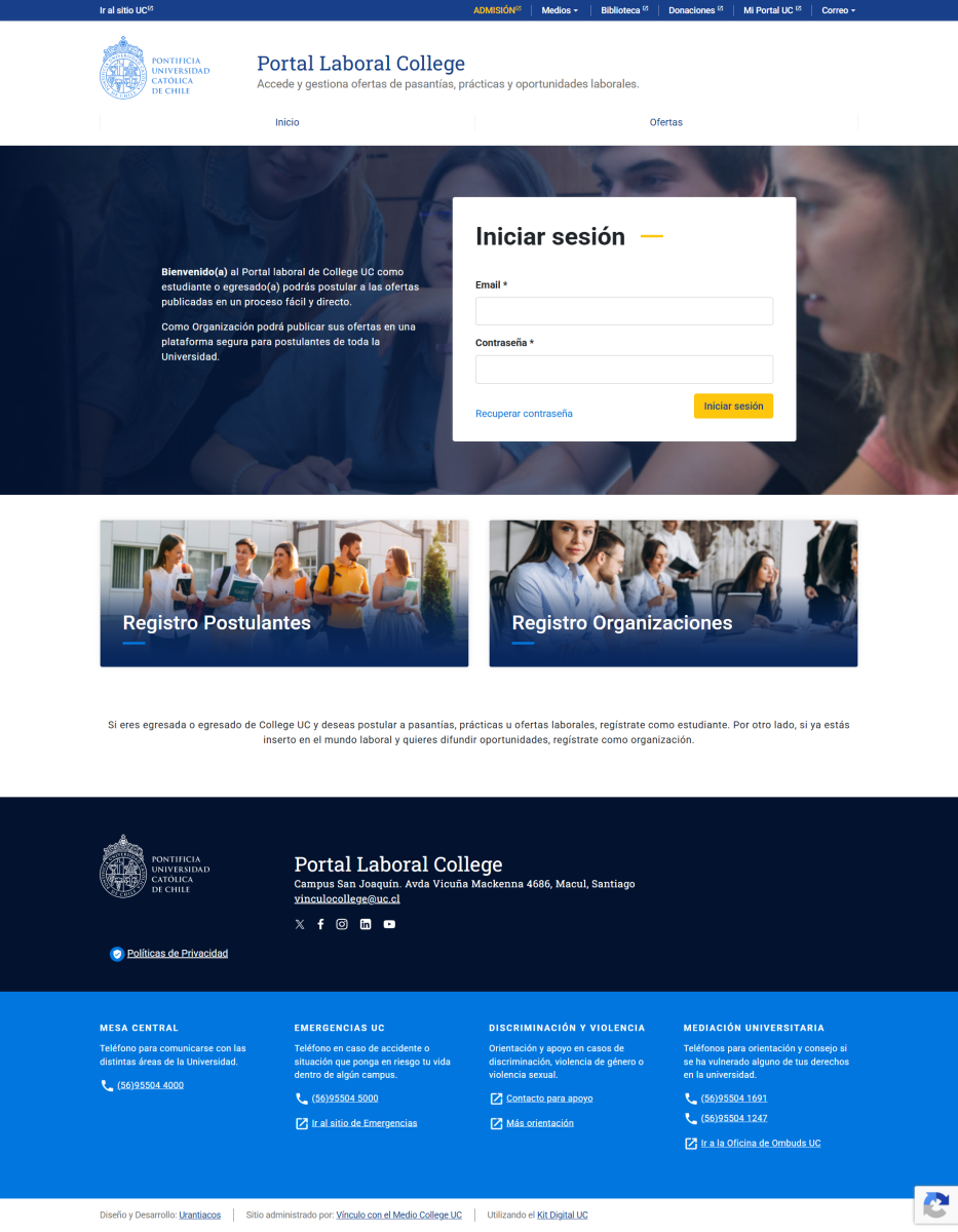 Pantalla principal de Portal Laboral College UC
