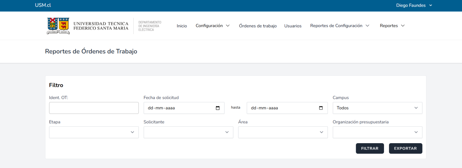 Pantalla principal de SOT: sistema de órdenes de trabajo
