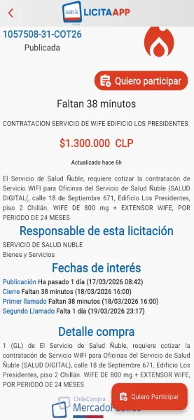 Pantalla 4 de Licitaapp: licitaciones del Mercado Público